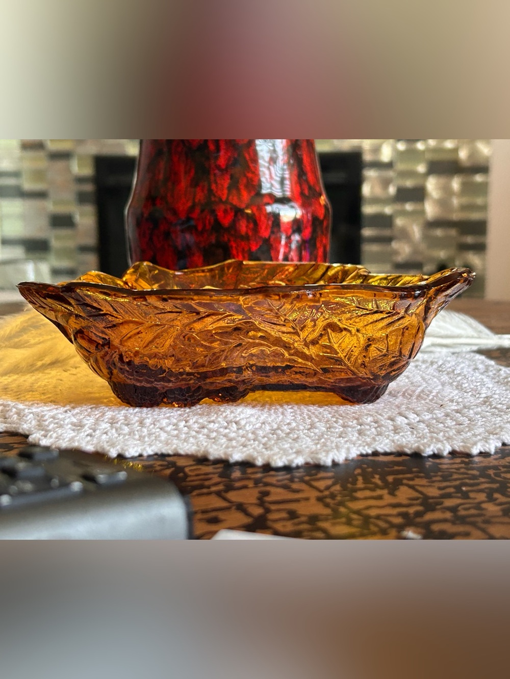 Vintage Indiana Glass Amber Fruit Bowl | 1970s Pressed Glass Berry & Leaf